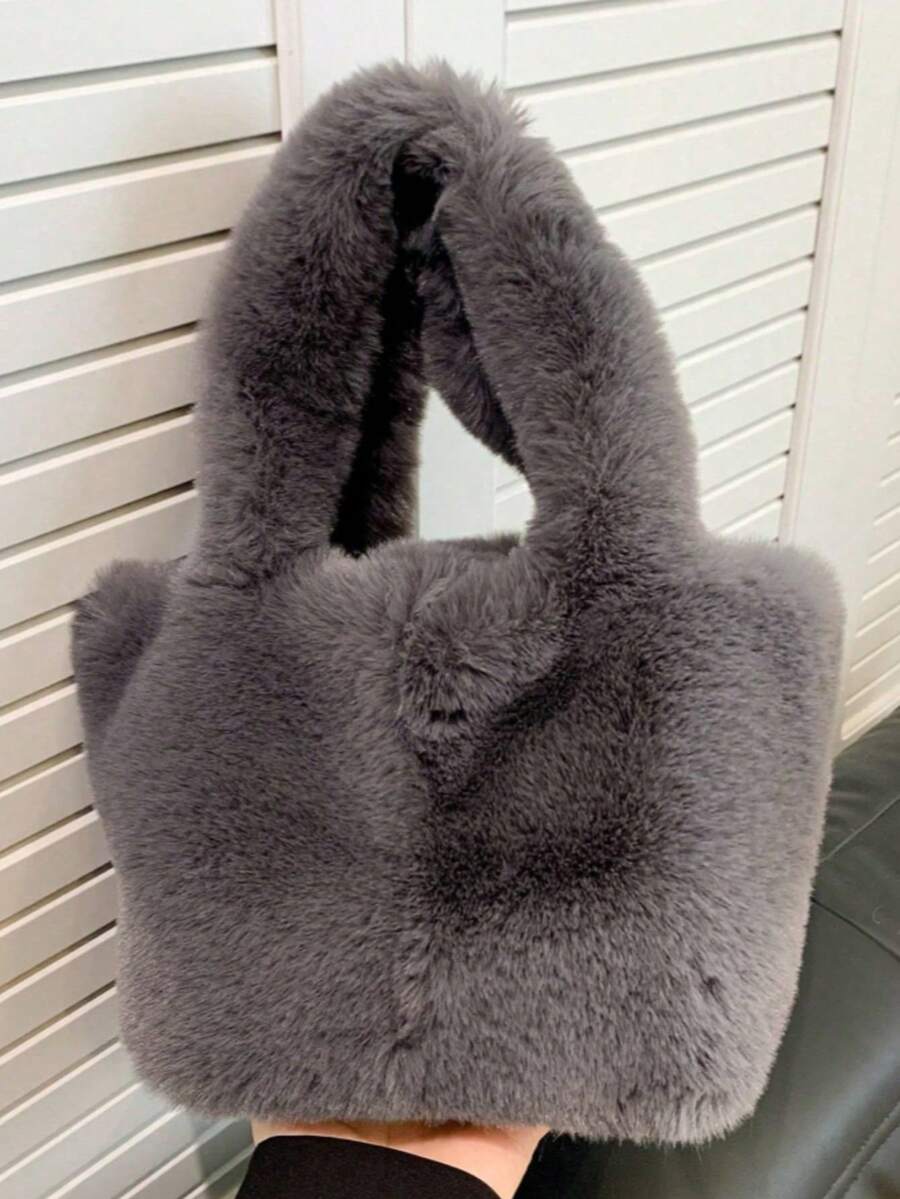 Black & Gray Fuzzy Plush Tote Bag, Soft Fluffy Top‑Handle Handbag For Women, Winter Daily Shopping Street Casual Outfit Travel Bags For Ladies