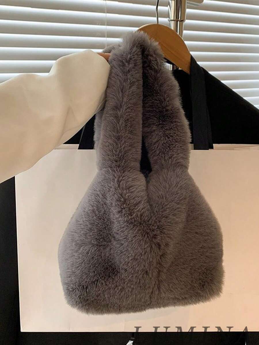 Black & Gray Fuzzy Plush Tote Bag, Soft Fluffy Top‑Handle Handbag For Women, Winter Daily Shopping Street Casual Outfit Travel Bags For Ladies