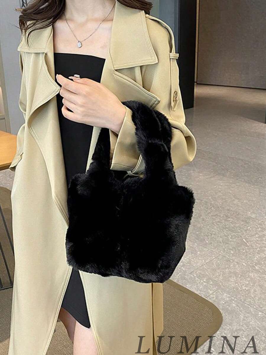 Black & Gray Fuzzy Plush Tote Bag, Soft Fluffy Top‑Handle Handbag For Women, Winter Daily Shopping Street Casual Outfit Travel Bags For Ladies