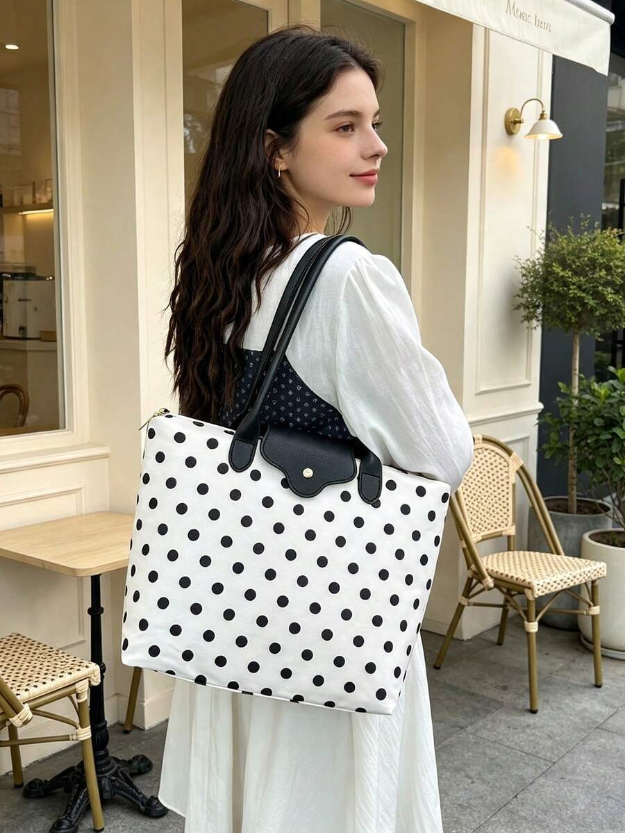 Dedoo Women's Polka Dot Tote Shoulder Bag, Nylon Material With Faux Leather Trim, Large Capacity, Casual Commute Style, Suitable For Women's Daily Shopping, Work, Travel