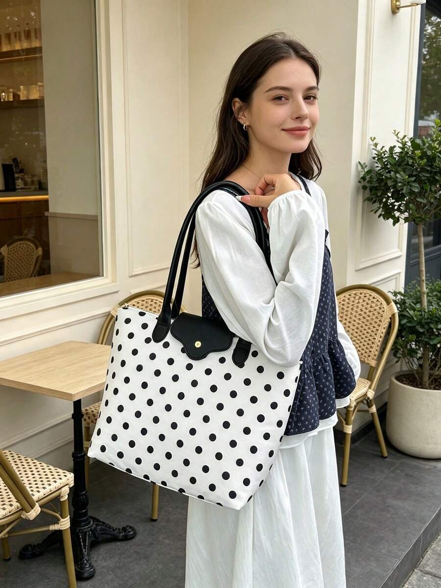 Dedoo Women's Polka Dot Tote Shoulder Bag, Nylon Material With Faux Leather Trim, Large Capacity, Casual Commute Style, Suitable For Women's Daily Shopping, Work, Travel