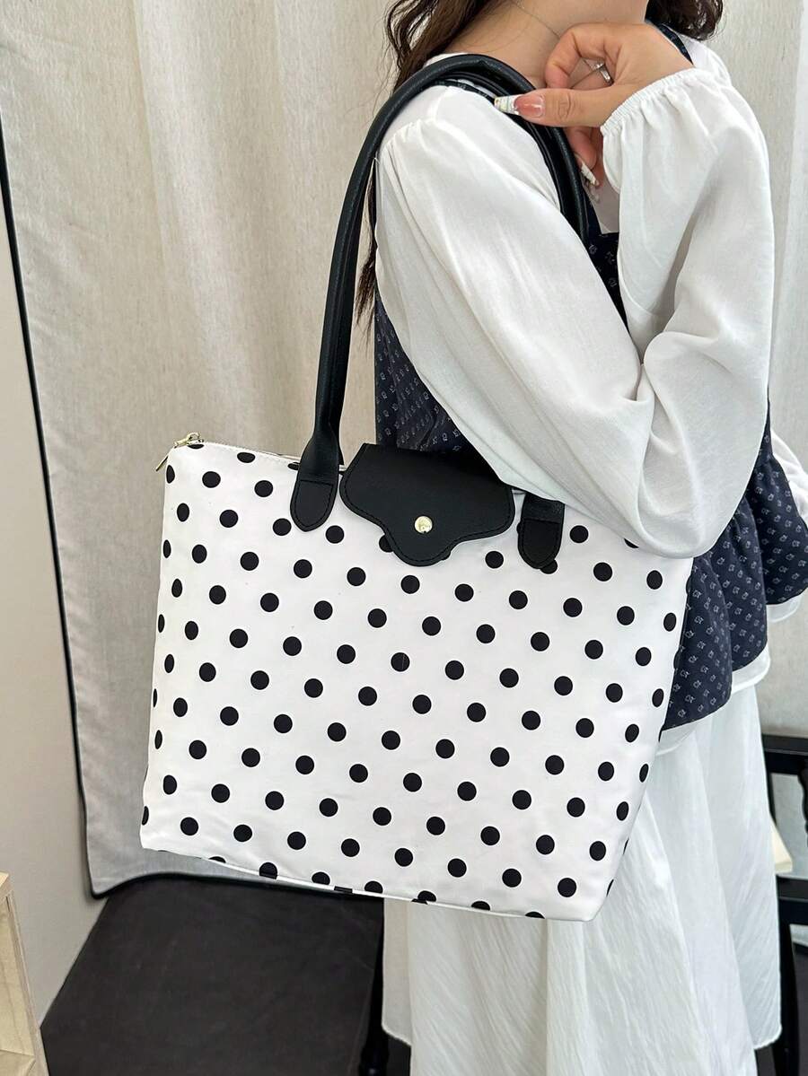 Dedoo Women's Polka Dot Tote Shoulder Bag, Nylon Material With Faux Leather Trim, Large Capacity, Casual Commute Style, Suitable For Women's Daily Shopping, Work, Travel