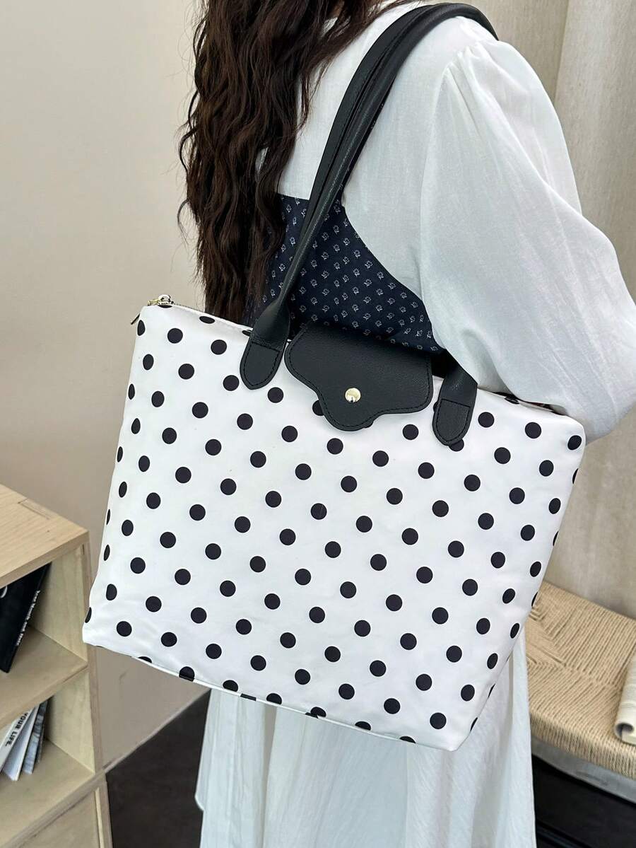 Dedoo Women's Polka Dot Tote Shoulder Bag, Nylon Material With Faux Leather Trim, Large Capacity, Casual Commute Style, Suitable For Women's Daily Shopping, Work, Travel