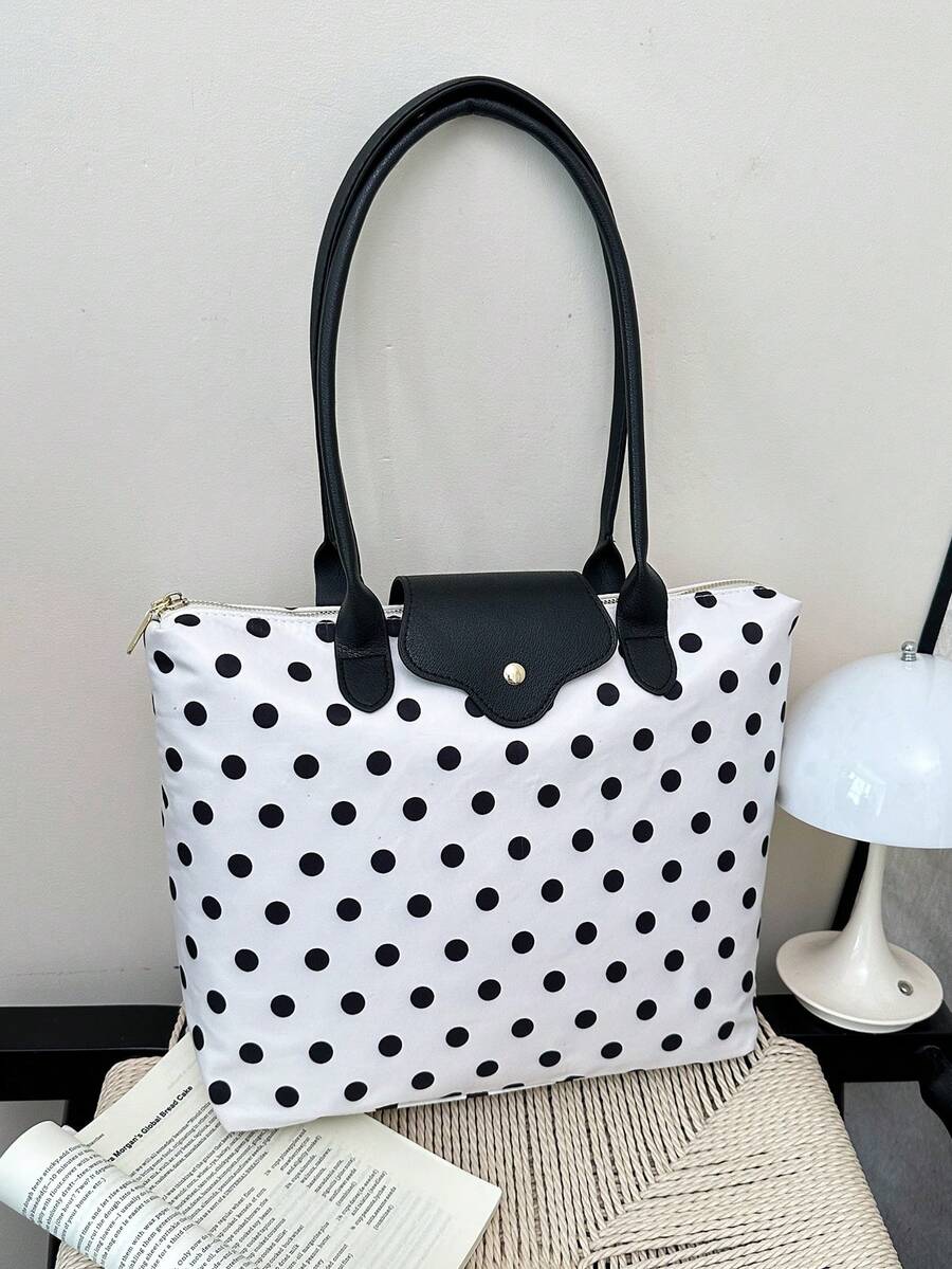 Dedoo Women's Polka Dot Tote Shoulder Bag, Nylon Material With Faux Leather Trim, Large Capacity, Casual Commute Style, Suitable For Women's Daily Shopping, Work, Travel
