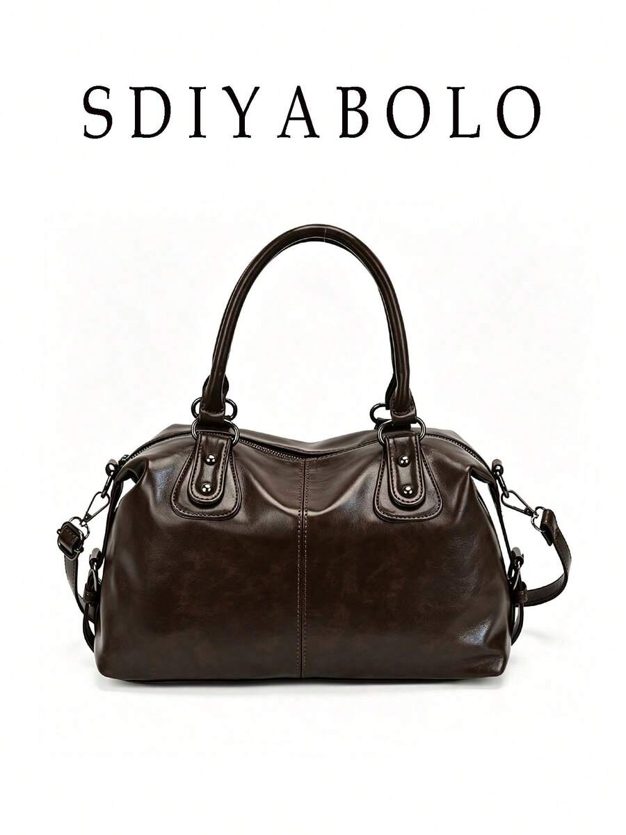 Women Vintage Large Capacity Tote Bag Fashionable Handbag, Detachable Wide Strap Crossbody Boston Shoulder Bag Suitable For Office Shopping Travel