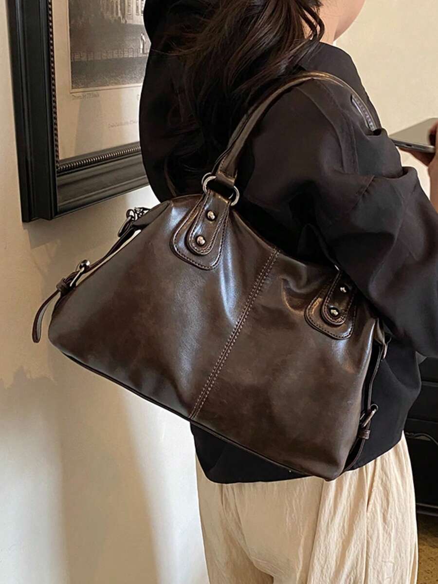 Women Vintage Large Capacity Tote Bag Fashionable Handbag, Detachable Wide Strap Crossbody Boston Shoulder Bag Suitable For Office Shopping Travel