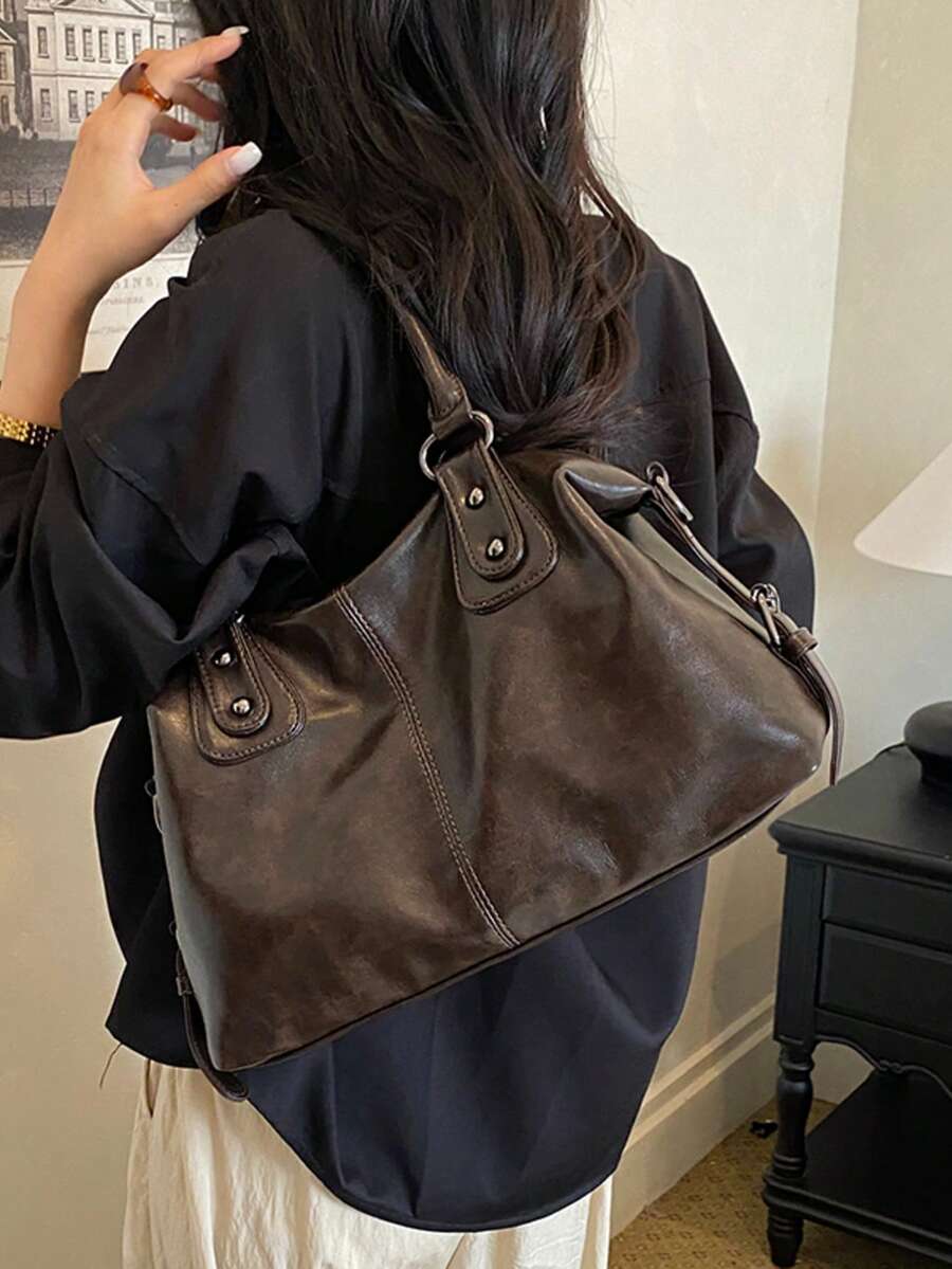 Women Vintage Large Capacity Tote Bag Fashionable Handbag, Detachable Wide Strap Crossbody Boston Shoulder Bag Suitable For Office Shopping Travel