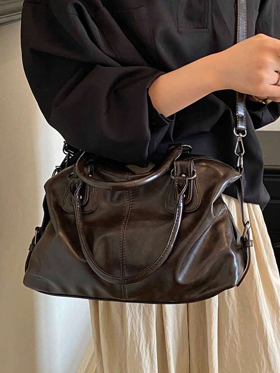 Women Vintage Large Capacity Tote Bag Fashionable Handbag, Detachable Wide Strap Crossbody Boston Shoulder Bag Suitable For Office Shopping Travel