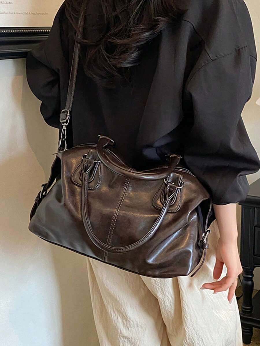 Women Vintage Large Capacity Tote Bag Fashionable Handbag, Detachable Wide Strap Crossbody Boston Shoulder Bag Suitable For Office Shopping Travel