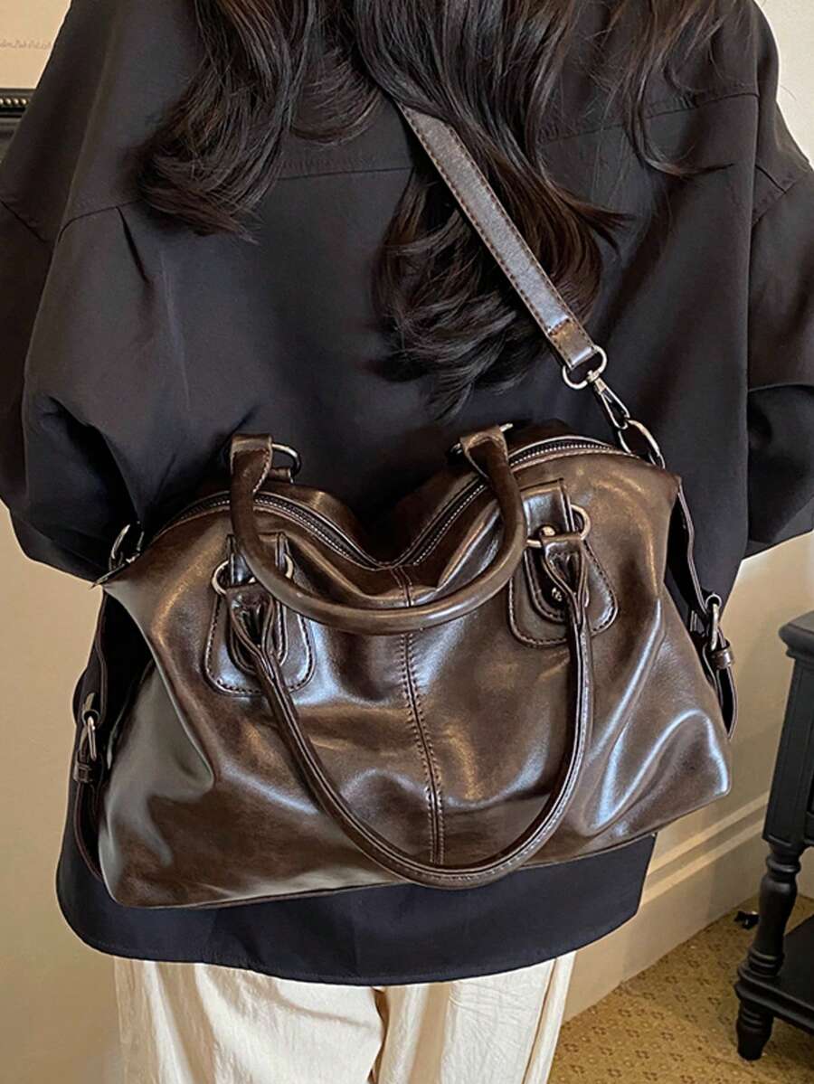 Women Vintage Large Capacity Tote Bag Fashionable Handbag, Detachable Wide Strap Crossbody Boston Shoulder Bag Suitable For Office Shopping Travel