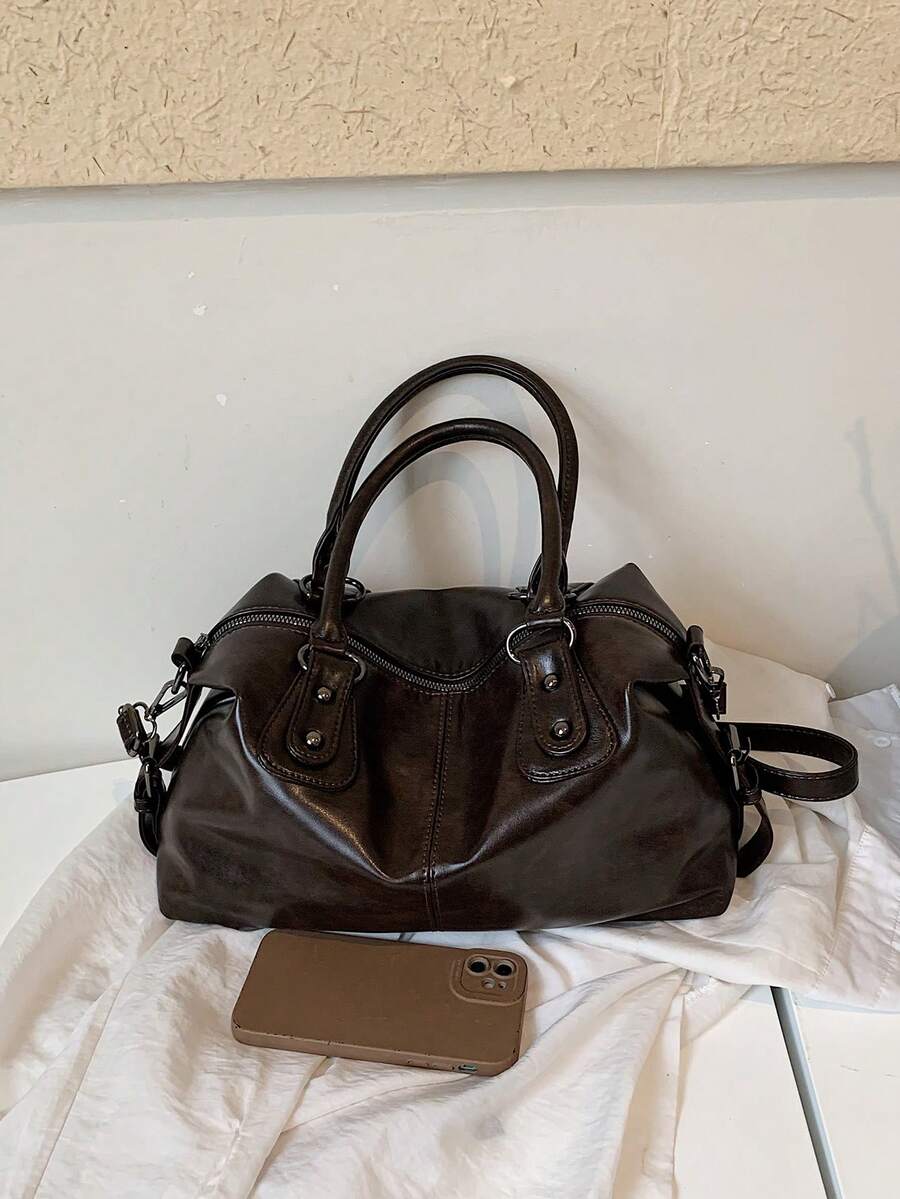 Women Vintage Large Capacity Tote Bag Fashionable Handbag, Detachable Wide Strap Crossbody Boston Shoulder Bag Suitable For Office Shopping Travel