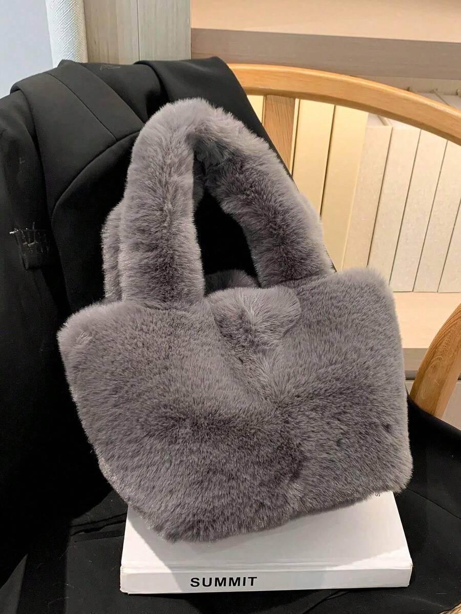 Black & Gray Fuzzy Plush Tote Bag, Soft Fluffy Top‑Handle Handbag For Women, Winter Daily Shopping Street Casual Outfit Travel Bags For Ladies