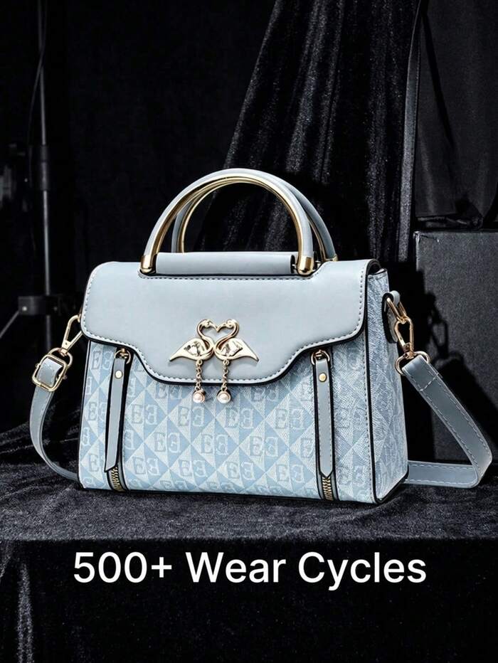 Light Blue Geometric Print Swan Rhinestone Pendant Top Handle Crossbody Bag For