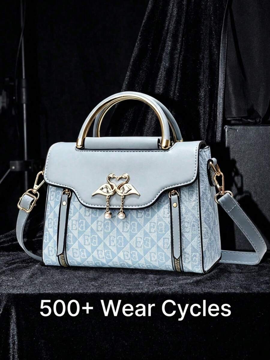 Light Blue Geometric Print Swan Rhinestone Pendant Top Handle Crossbody Bag For Women, Elegant PU Work Handbag Office Daily Commute Bags For Women