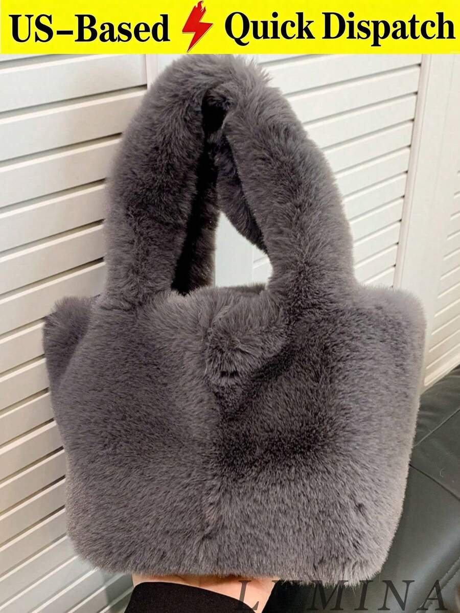Black & Gray Fuzzy Plush Tote Bag, Soft Fluffy Top‑Handle Handbag For Women, Winter Daily Shopping Street Casual Outfit Travel Bags For Ladies