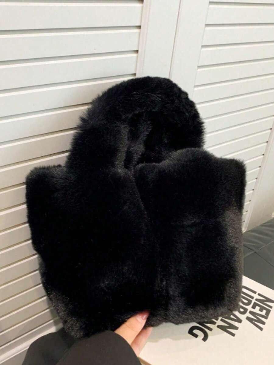 Black & Gray Fuzzy Plush Tote Bag, Soft Fluffy Top‑Handle Handbag For Women, Winter Daily Shopping Street Casual Outfit Travel Bags For Ladies