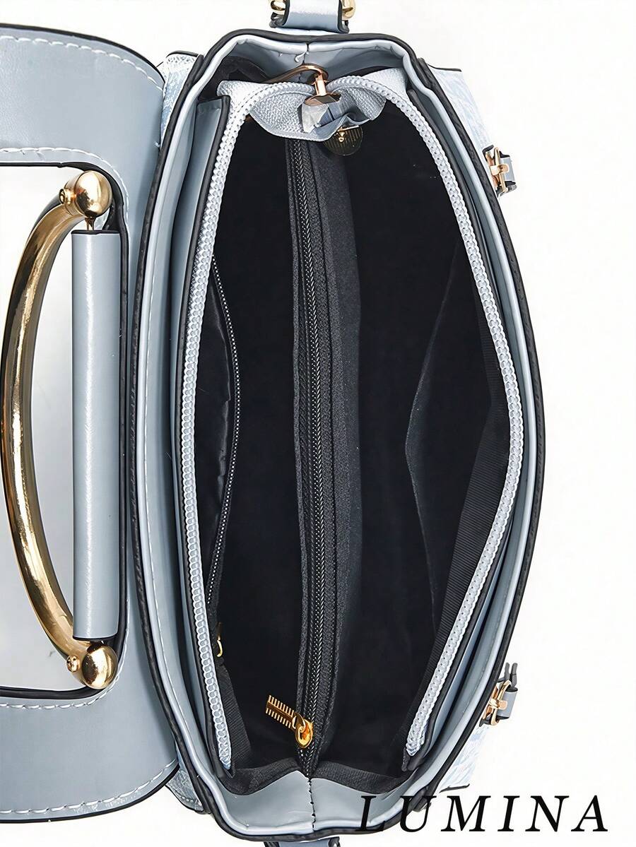Light Blue Geometric Print Swan Rhinestone Pendant Top Handle Crossbody Bag For Women, Elegant PU Work Handbag Office Daily Commute Bags For Women