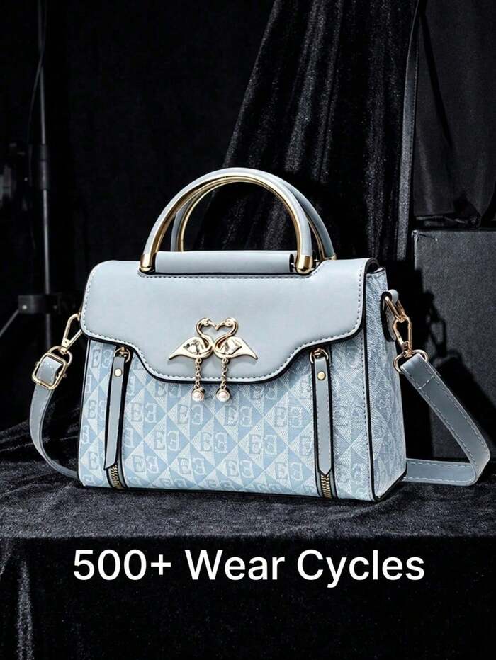 Light Blue Geometric Print Swan Rhinestone Pendant Top Handle Crossbody Bag For
