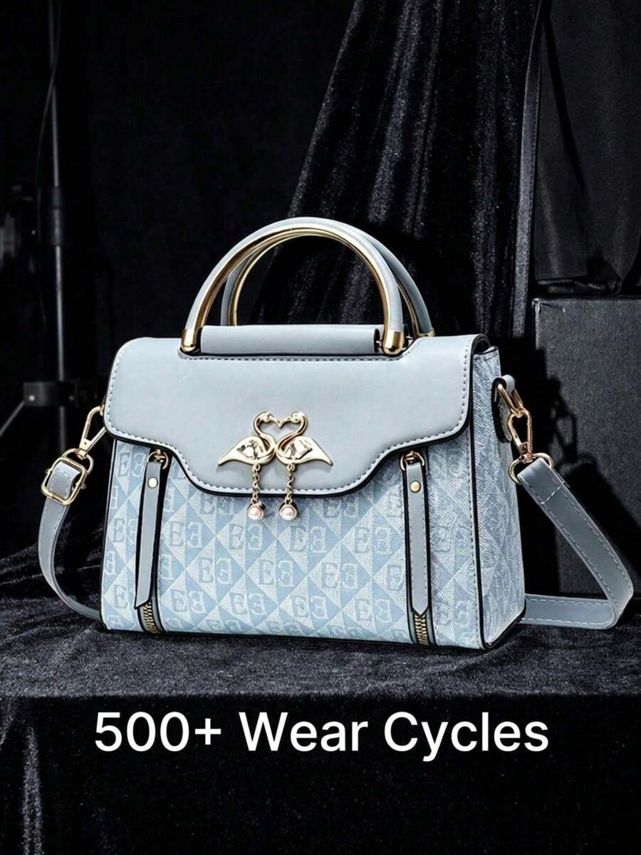Light Blue Geometric Print Swan Rhinestone Pendant Top Handle Crossbody Bag For Women, Elegant PU Work Handbag Office Daily Commute Bags For Women
