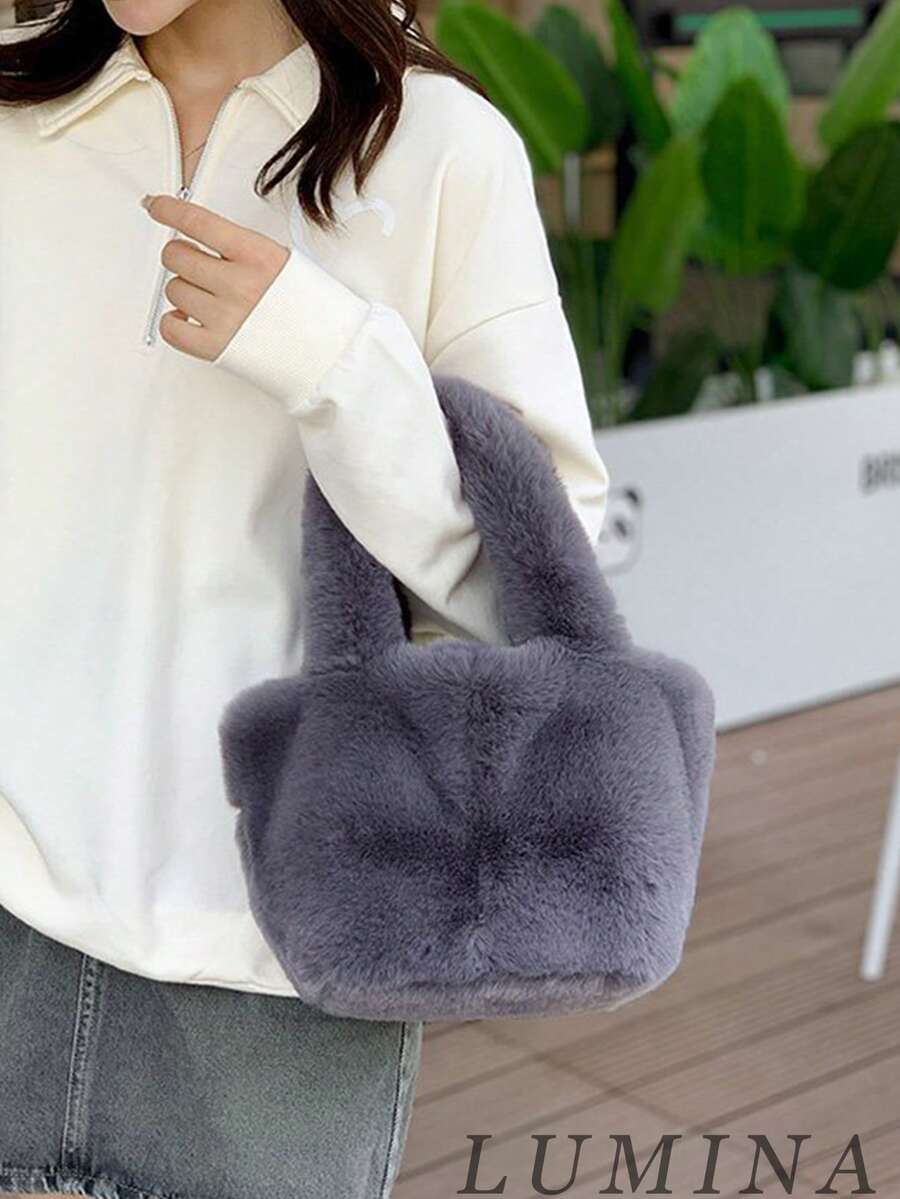 Black & Gray Fuzzy Plush Tote Bag, Soft Fluffy Top‑Handle Handbag For Women, Winter Daily Shopping Street Casual Outfit Travel Bags For Ladies