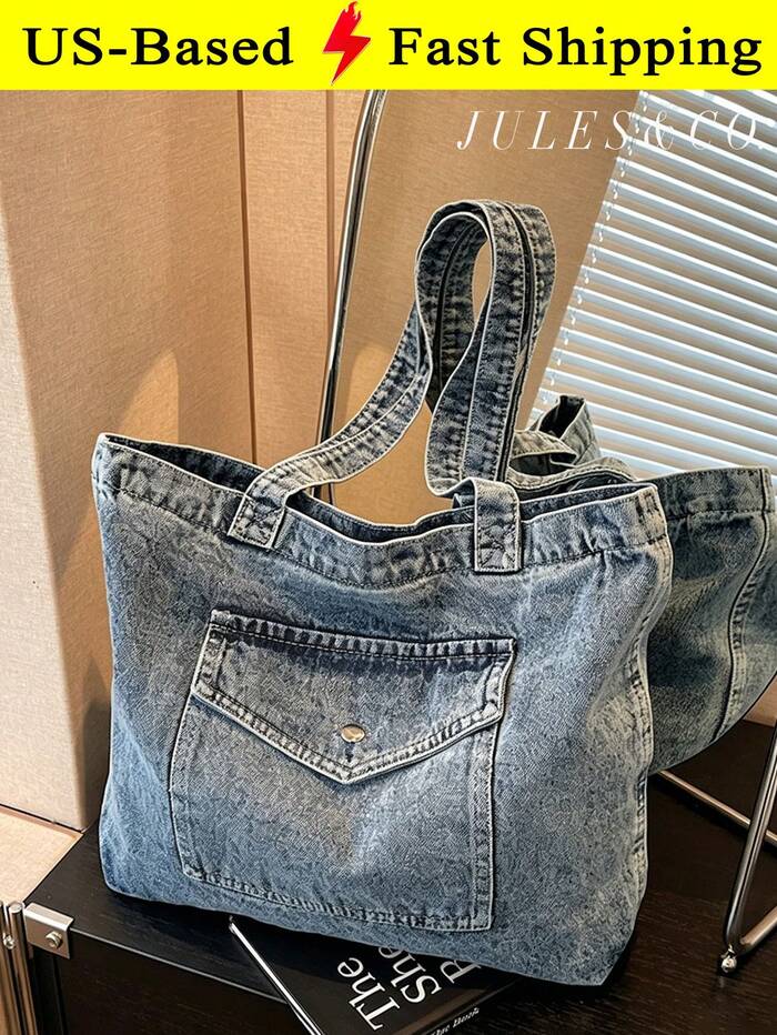 Women's Vintage Blue Washed Denim Tote Bag Large Capacity Shoulder Handbag With