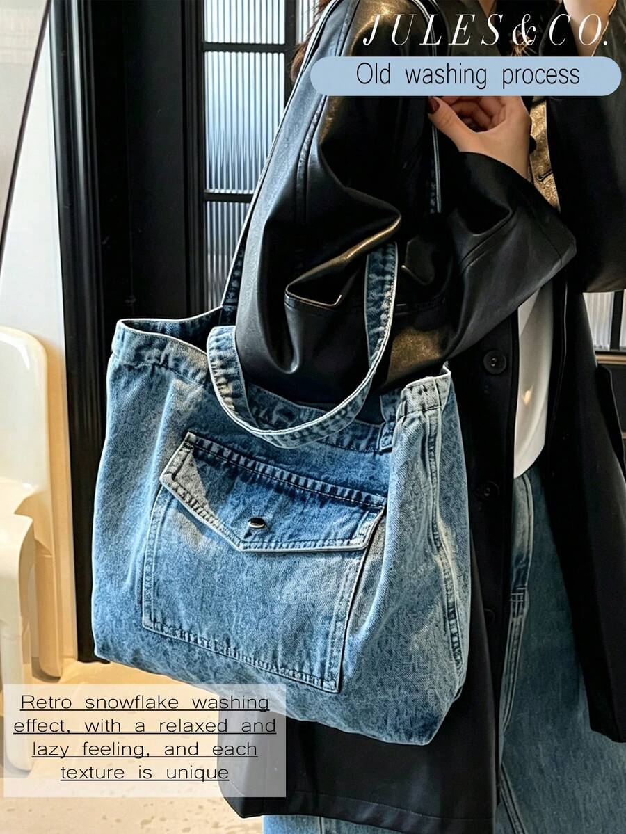 Women's Vintage Blue Washed Denim Tote Bag Large Capacity Shoulder Handbag With Multiple Pockets Daily Bag For Shopping Travel School Commute