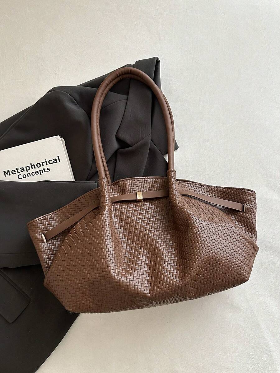 1pc Vintage Women's Casual Fashion Large Capacity Versatile Underarm Shoulder Bag, New Commuter Office Handbag, Solid Color Buckle Closure, Lychee Grain, Strap Decor, Suitable For Outings, Shopping, T