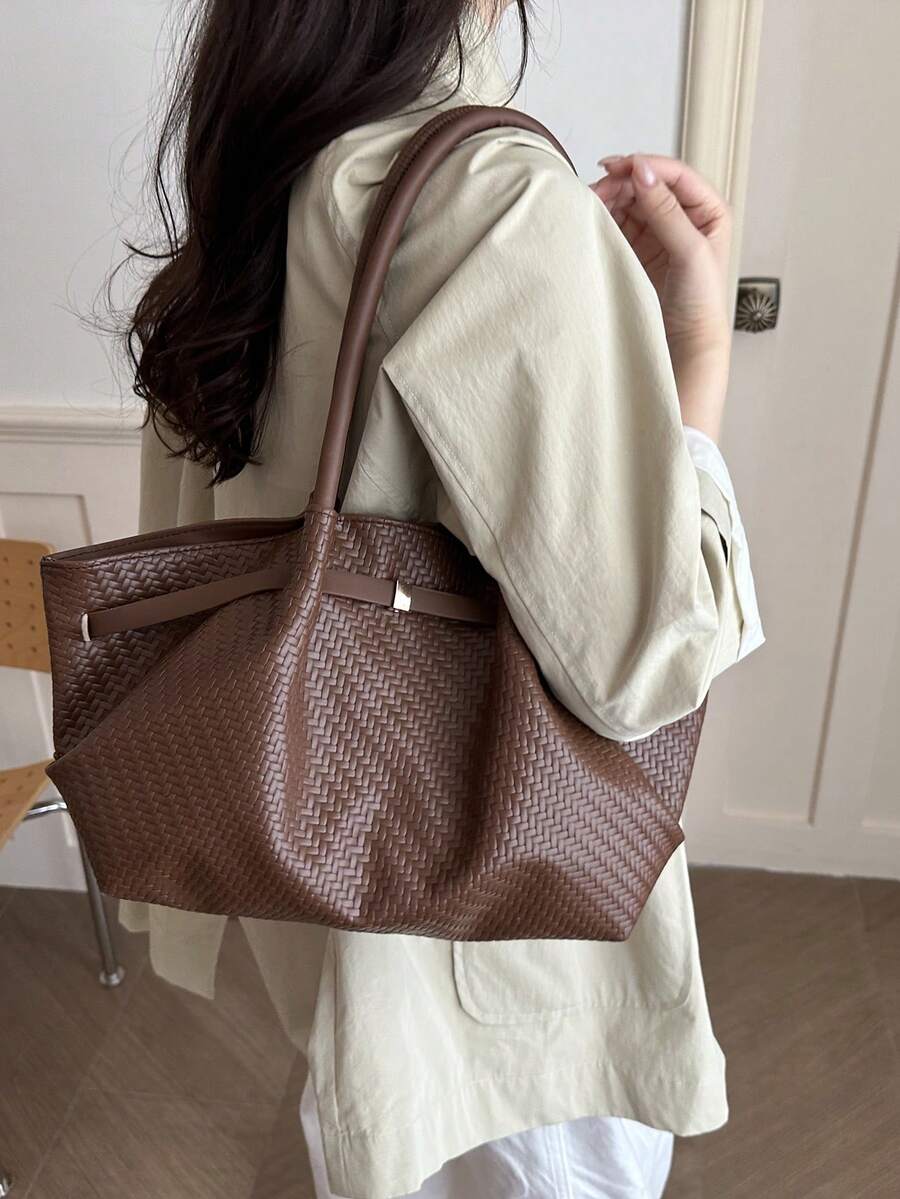 1pc Vintage Women's Casual Fashion Large Capacity Versatile Underarm Shoulder Bag, New Commuter Office Handbag, Solid Color Buckle Closure, Lychee Grain, Strap Decor, Suitable For Outings, Shopping, T
