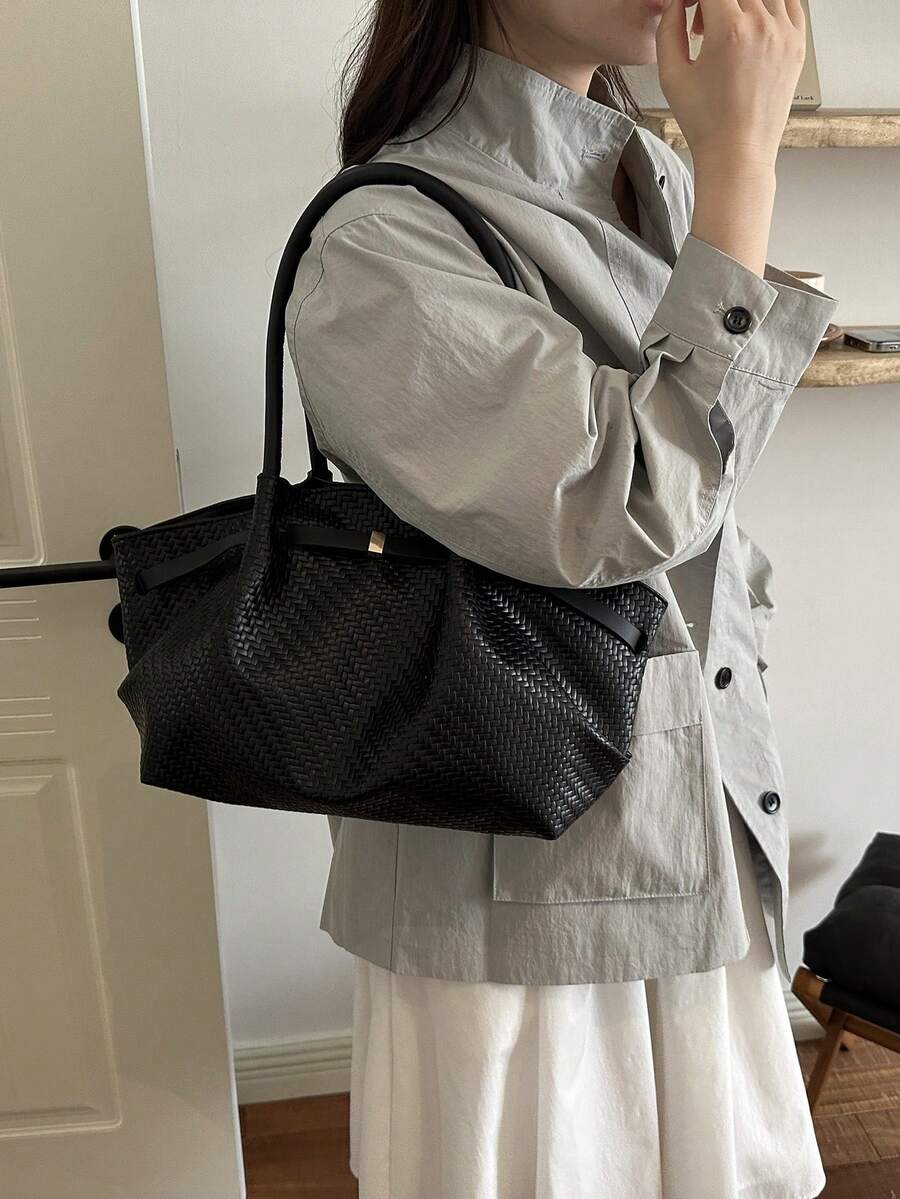1pc Vintage Women's Casual Fashion Large Capacity Versatile Underarm Shoulder Bag, New Commuter Office Handbag, Solid Color Buckle Closure Lychee Texture Strap Decor, Suitable For Outings, Shopping, T