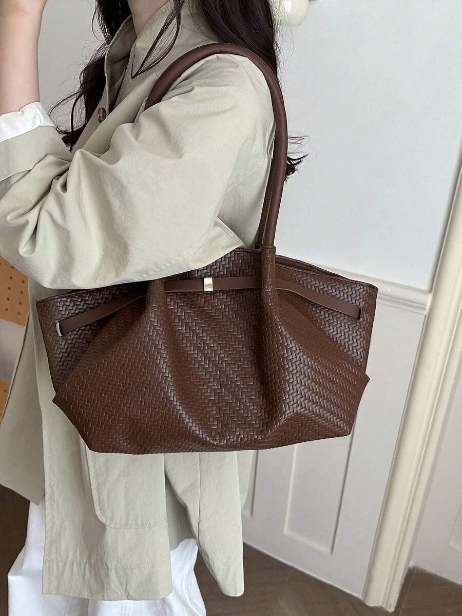 1pc Vintage Women's Casual Fashion Large Capacity Versatile Underarm Shoulder Bag, New Commuter Office Handbag, Solid Color Buckle Closure, Lychee Grain, Strap Decor, Suitable For Outings, Shopping, T