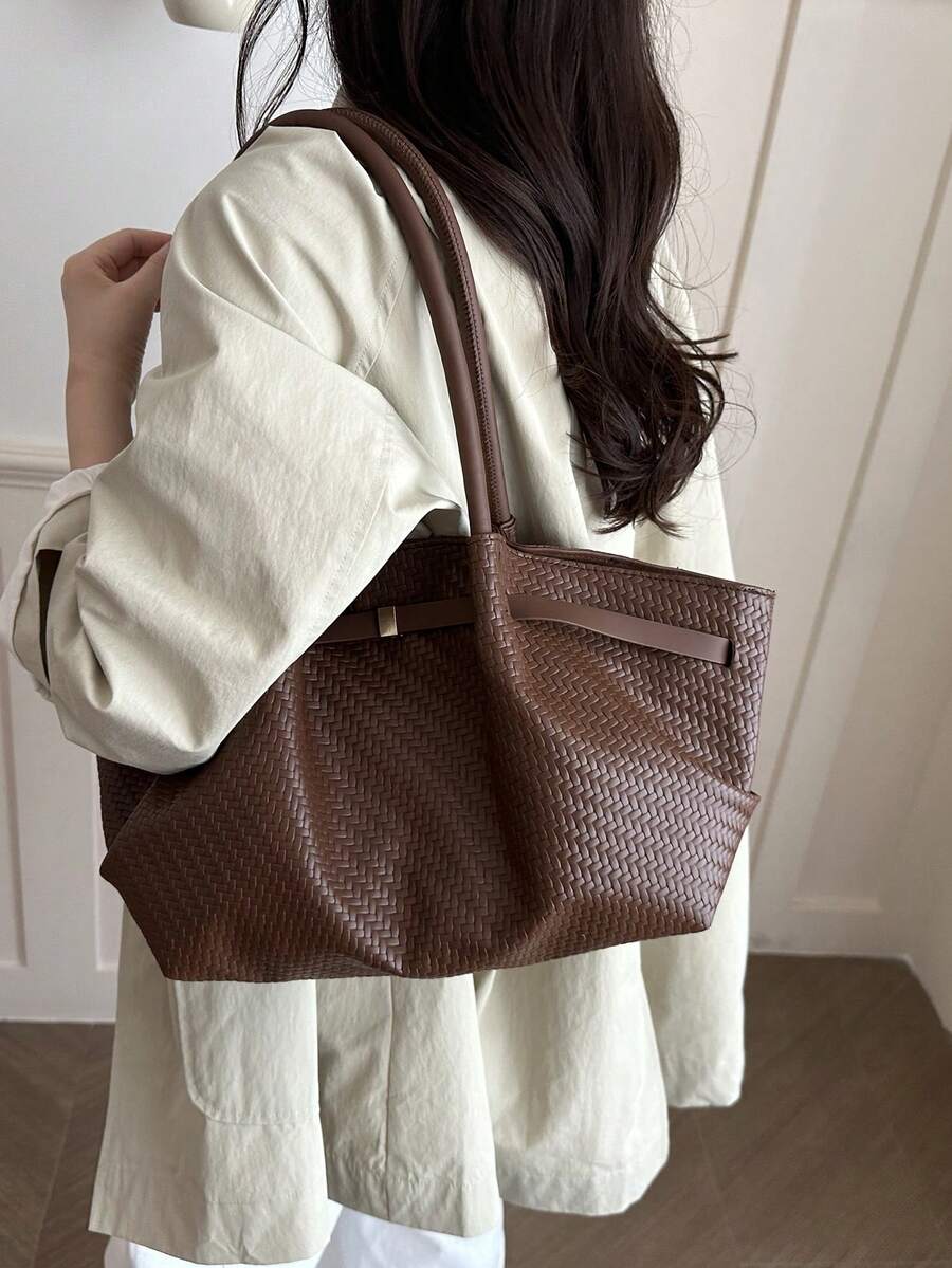 1pc Vintage Women's Casual Fashion Large Capacity Versatile Underarm Shoulder Bag, New Commuter Office Handbag, Solid Color Buckle Closure, Lychee Grain, Strap Decor, Suitable For Outings, Shopping, T