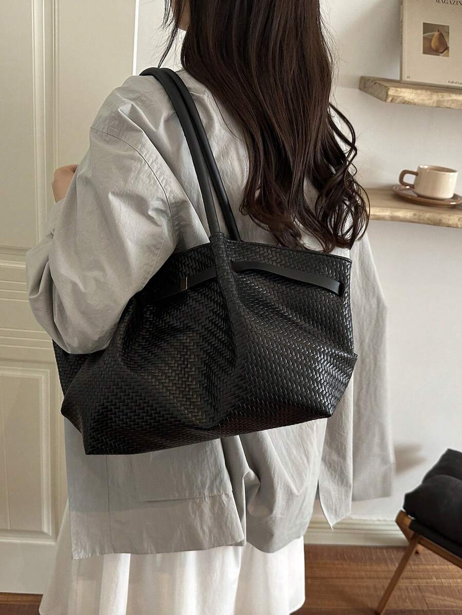 1pc Vintage Women's Casual Fashion Large Capacity Versatile Underarm Shoulder Bag, New Commuter Office Handbag, Solid Color Buckle Closure Lychee Texture Strap Decor, Suitable For Outings, Shopping, T