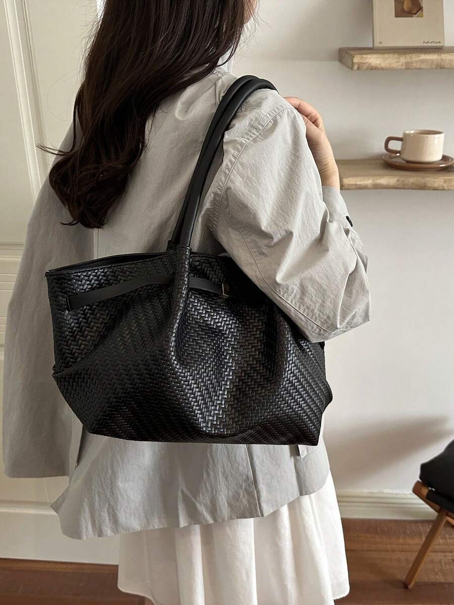 1pc Vintage Women's Casual Fashion Large Capacity Versatile Underarm Shoulder Bag, New Commuter Office Handbag, Solid Color Buckle Closure Lychee Texture Strap Decor, Suitable For Outings, Shopping, T