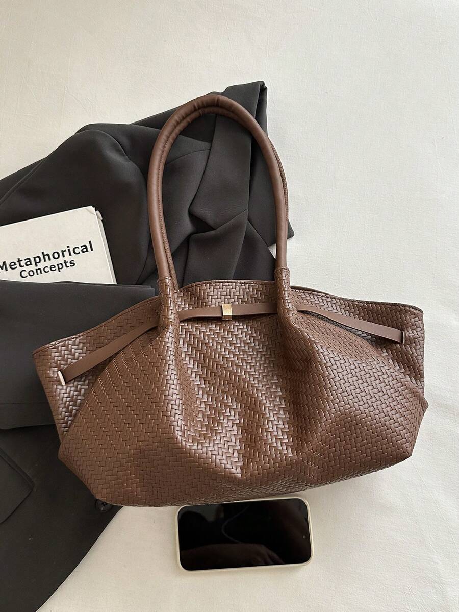 1pc Vintage Women's Casual Fashion Large Capacity Versatile Underarm Shoulder Bag, New Commuter Office Handbag, Solid Color Buckle Closure, Lychee Grain, Strap Decor, Suitable For Outings, Shopping, T