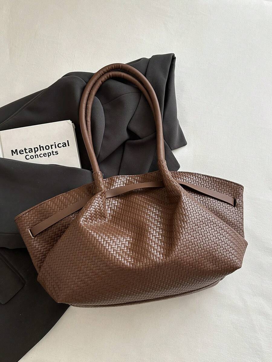 1pc Vintage Women's Casual Fashion Large Capacity Versatile Underarm Shoulder Bag, New Commuter Office Handbag, Solid Color Buckle Closure, Lychee Grain, Strap Decor, Suitable For Outings, Shopping, T