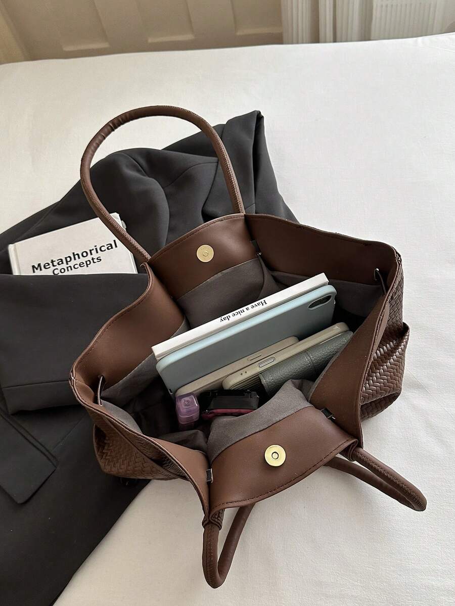1pc Vintage Women's Casual Fashion Large Capacity Versatile Underarm Shoulder Bag, New Commuter Office Handbag, Solid Color Buckle Closure, Lychee Grain, Strap Decor, Suitable For Outings, Shopping, T