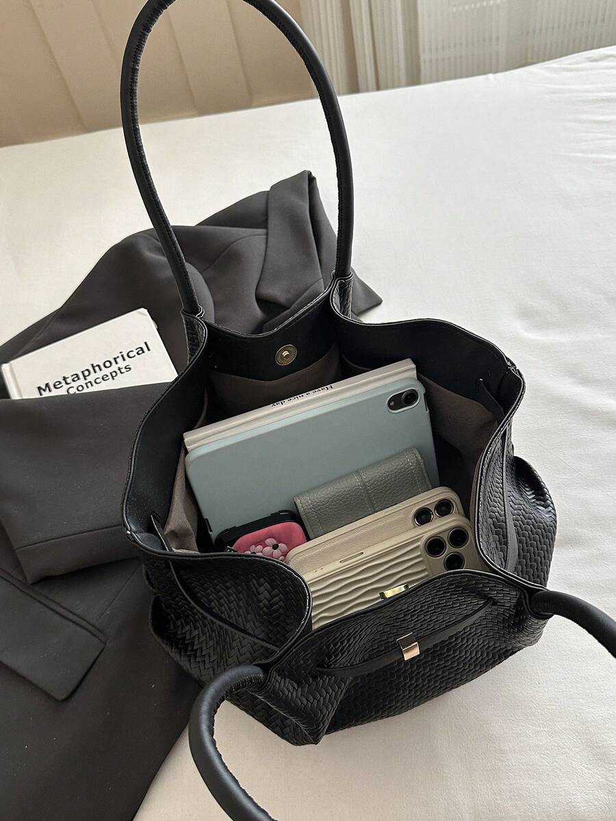 1pc Vintage Women's Casual Fashion Large Capacity Versatile Underarm Shoulder Bag, New Commuter Office Handbag, Solid Color Buckle Closure Lychee Texture Strap Decor, Suitable For Outings, Shopping, T