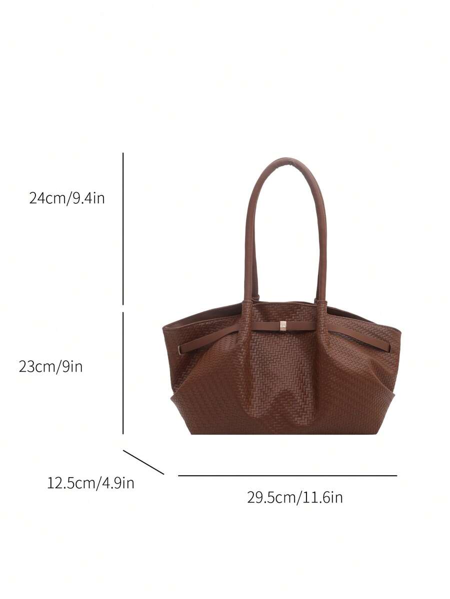 1pc Vintage Women's Casual Fashion Large Capacity Versatile Underarm Shoulder Bag, New Commuter Office Handbag, Solid Color Buckle Closure, Lychee Grain, Strap Decor, Suitable For Outings, Shopping, T