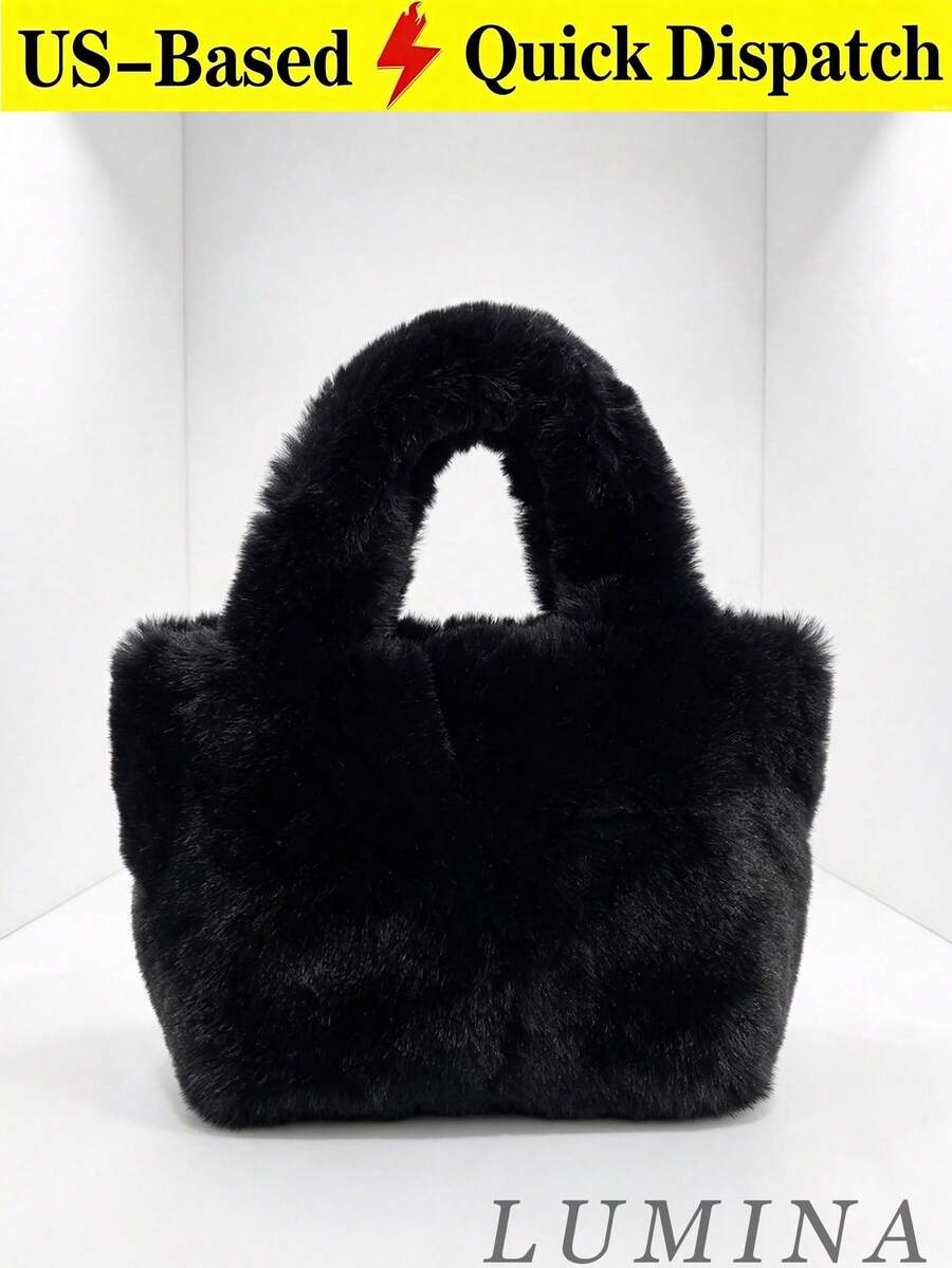 Black & Gray Fuzzy Plush Tote Bag, Soft Fluffy Top‑Handle Handbag For Women, Winter Daily Shopping Street Casual Outfit Travel Bags For Ladies