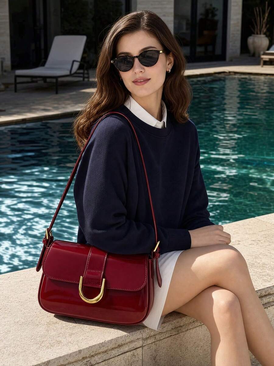 Small Shoulder Bag For Women,Crossbody Purses,Tote Handbag Hobo Purse,Lightweight Business Casual Flip-Cover Square Bag,Artificial Patent Leather Bag.