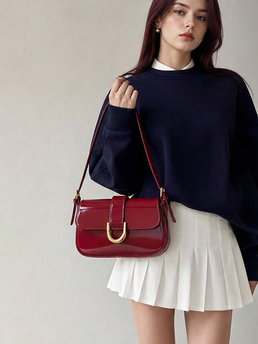 Small Shoulder Bag For Women,Crossbody Purses,Tote Handbag Hobo Purse,Lightweight Business Casual Flip-Cover Square Bag,Artificial Patent Leather Bag.