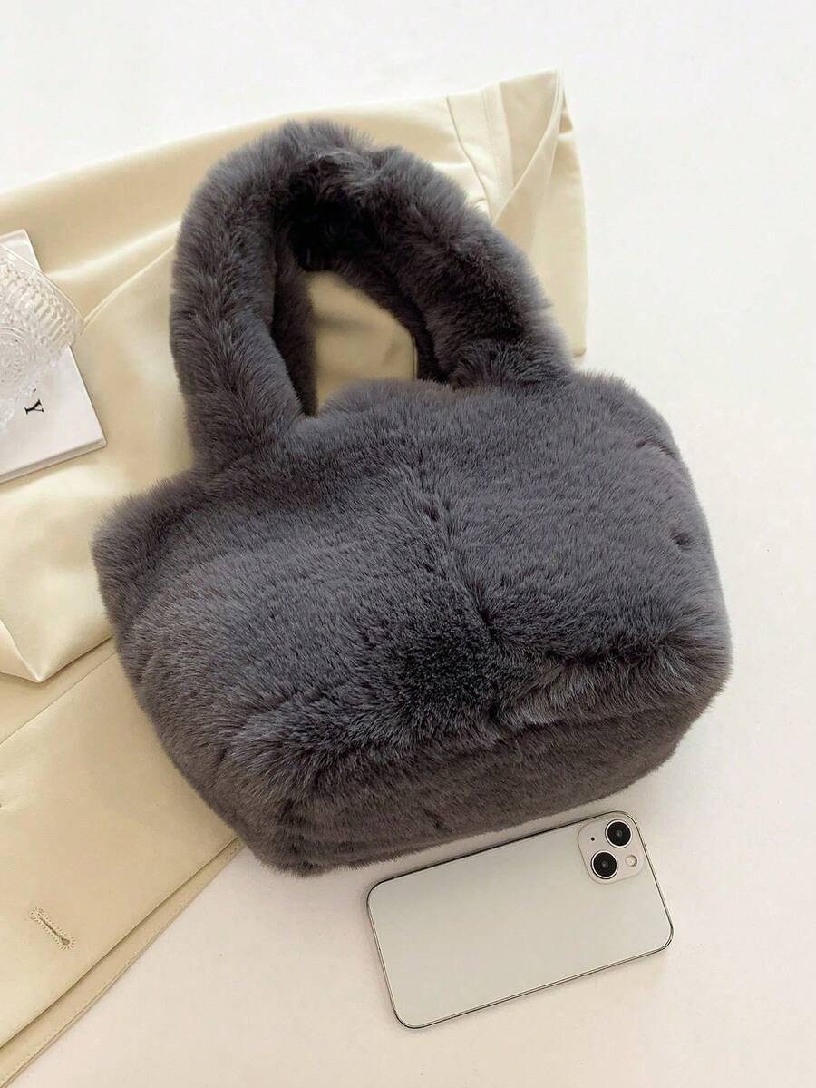 Black & Gray Fuzzy Plush Tote Bag, Soft Fluffy Top‑Handle Handbag For Women, Winter Daily Shopping Street Casual Outfit Travel Bags For Ladies