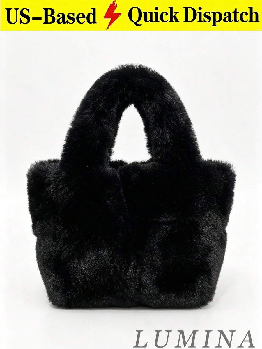 Black & Gray Fuzzy Plush Tote Bag, Soft Fluffy Top‑Handle Handbag For Women, Winter Daily Shopping Street Casual Outfit Travel Bags For Ladies