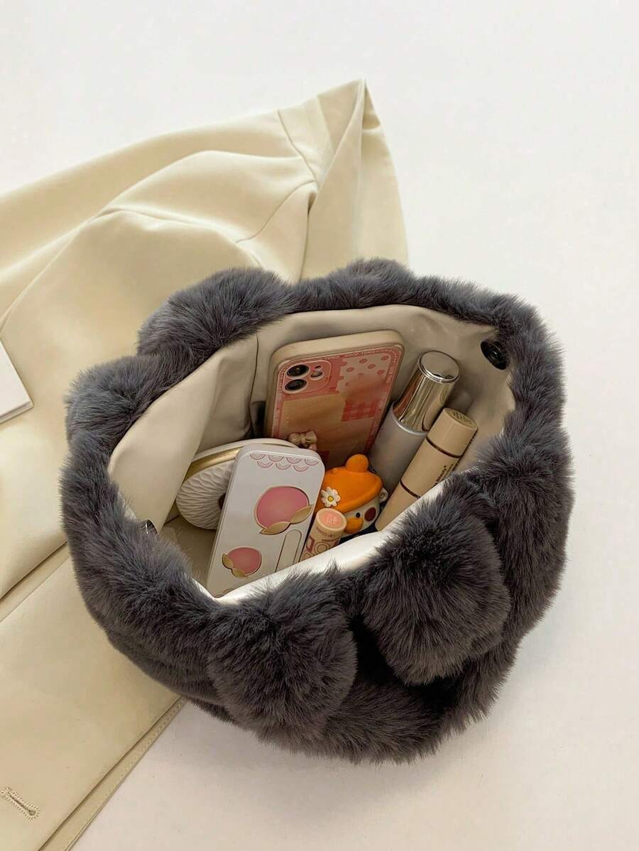 Black & Gray Fuzzy Plush Tote Bag, Soft Fluffy Top‑Handle Handbag For Women, Winter Daily Shopping Street Casual Outfit Travel Bags For Ladies
