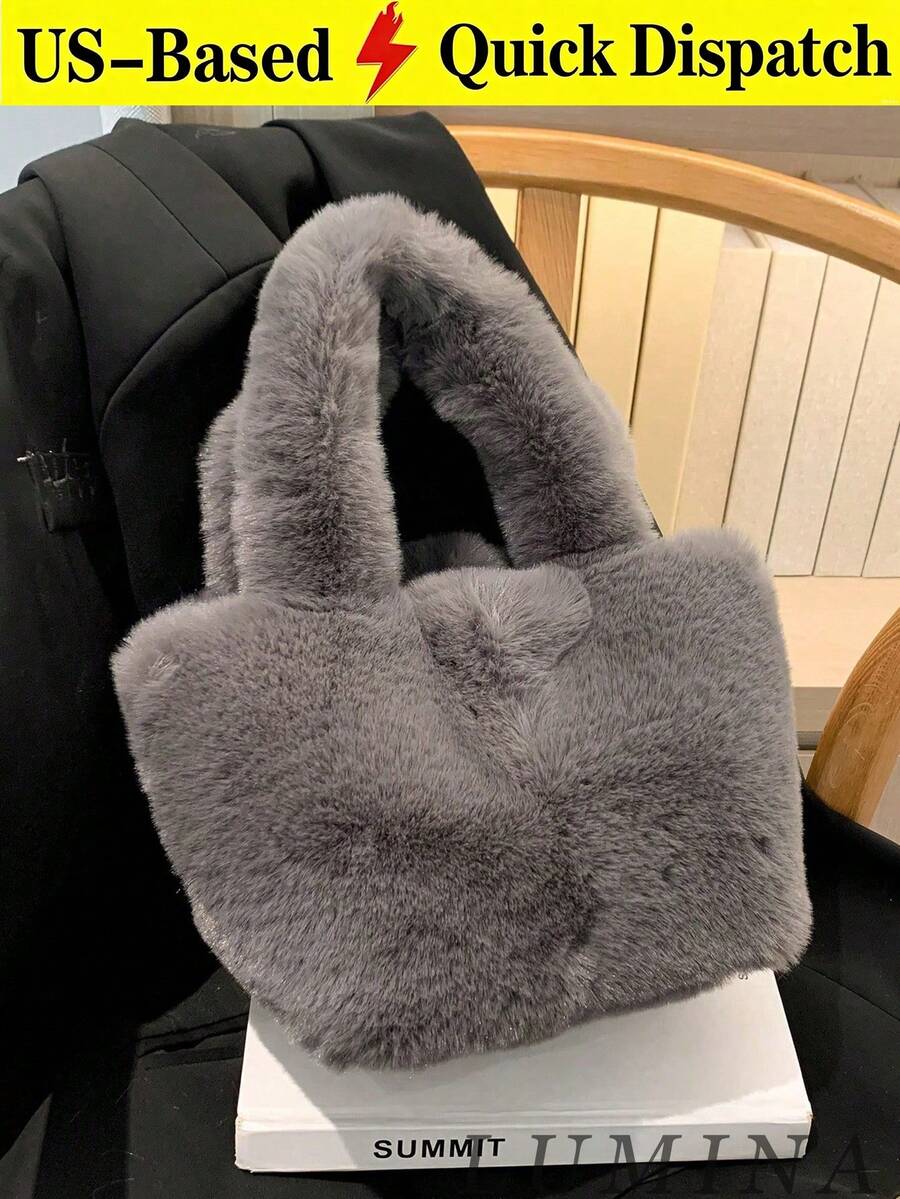 Black & Gray Fuzzy Plush Tote Bag, Soft Fluffy Top‑Handle Handbag For Women, Winter Daily Shopping Street Casual Outfit Travel Bags For Ladies