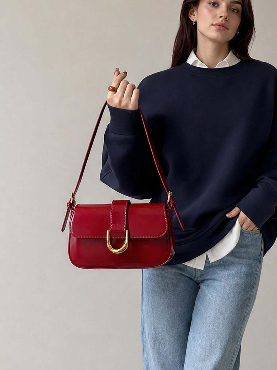 Small Shoulder Bag For Women,Crossbody Purses,Tote Handbag Hobo Purse,Lightweight Business Casual Flip-Cover Square Bag,Artificial Patent Leather Bag.
