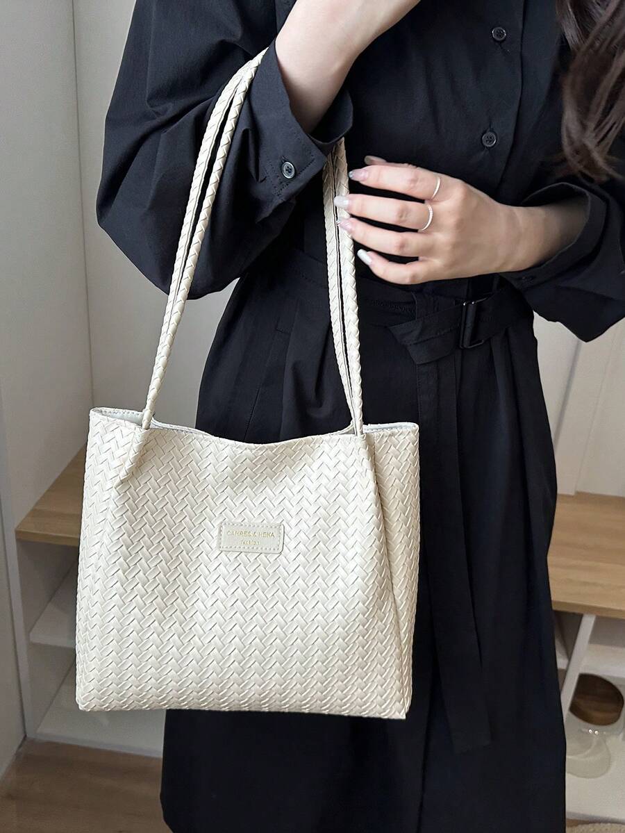Korean Style Cross-Border Retro Casual Office Commute Large Capacity Women's PU New Woven Texture Tote Shoulder Bag