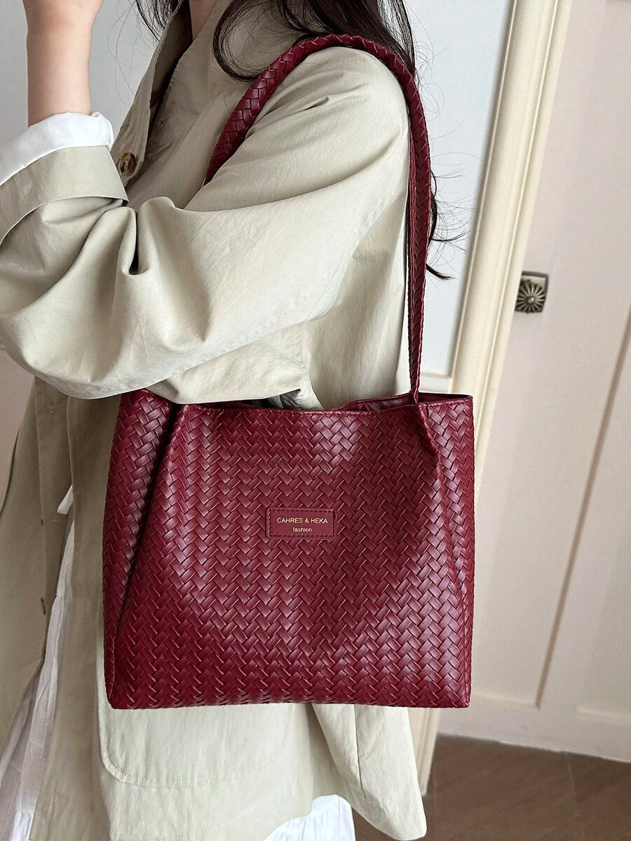 Korean Style Cross-Border Retro Casual Office Commute Large Capacity Women's PU New Woven Texture Tote Shoulder Bag