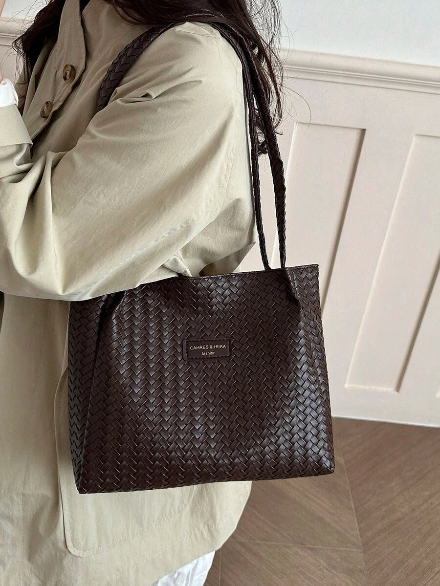 Korean Style Cross-Border Retro Casual Office Commute Large Capacity Women's PU New Woven Texture Tote Shoulder Bag