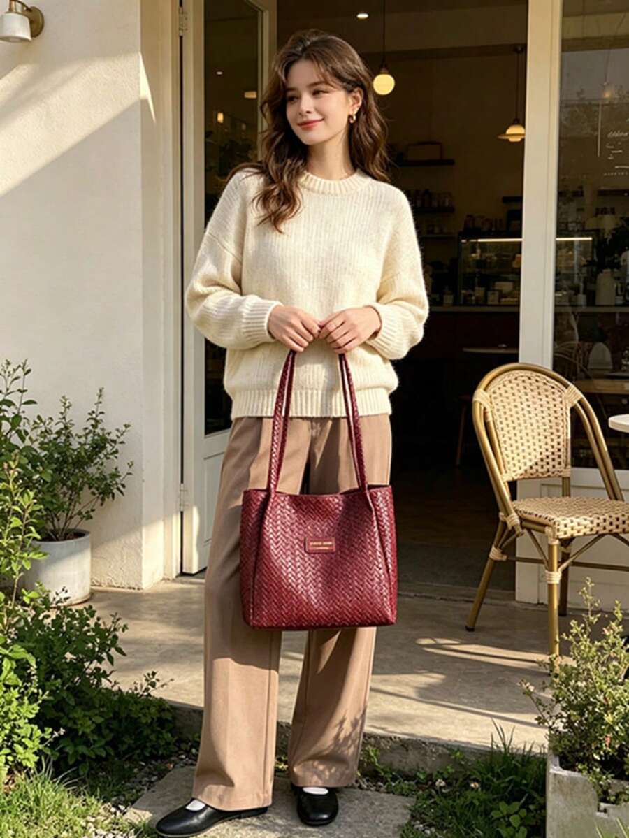 Korean Style Cross-Border Retro Casual Office Commute Large Capacity Women's PU New Woven Texture Tote Shoulder Bag